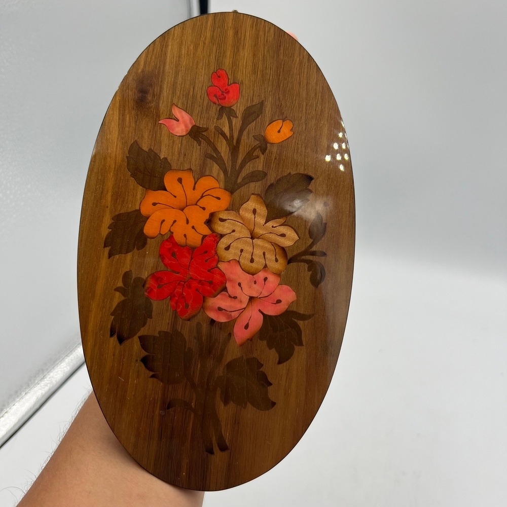 Vintage‎ Notturno Intarsio Inlaid Wood Plaque Floral Design Sorrento Italy